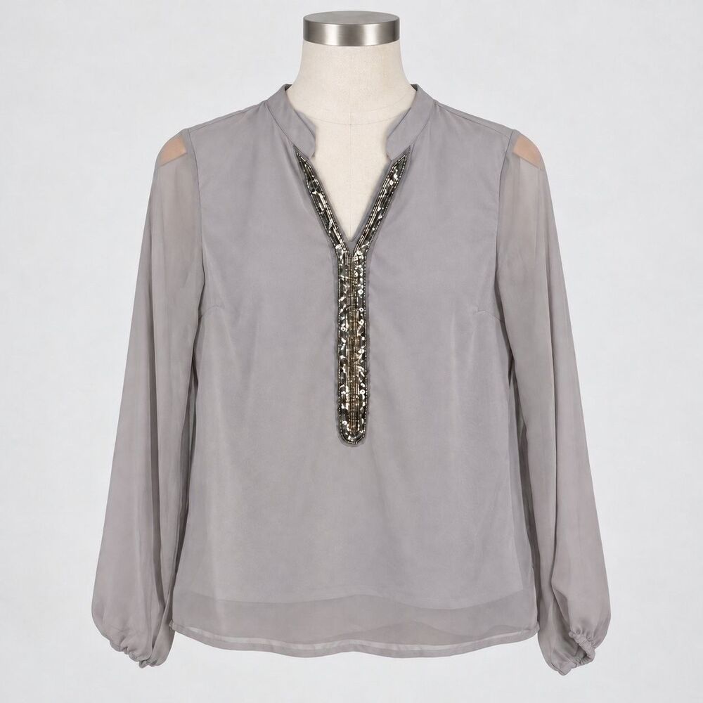 VENUS Gray Beaded Split VNeck Chiffon Blouse Sheer Balloon Sleeve Top Women's 2